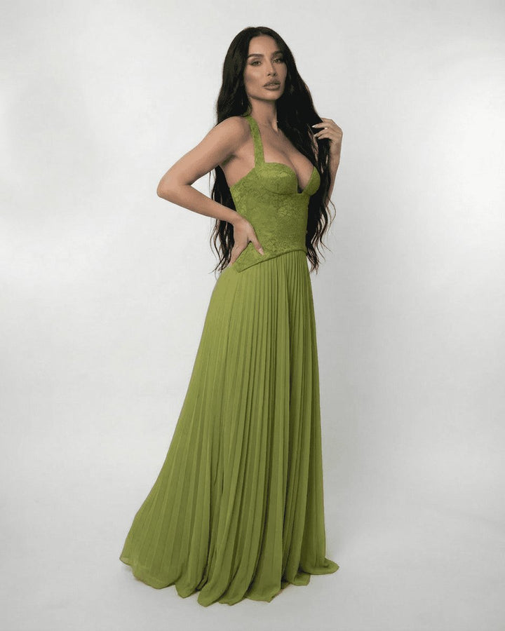 Women's Lace Bodice Pleated Chiffon Fall Wedding Guest Dress