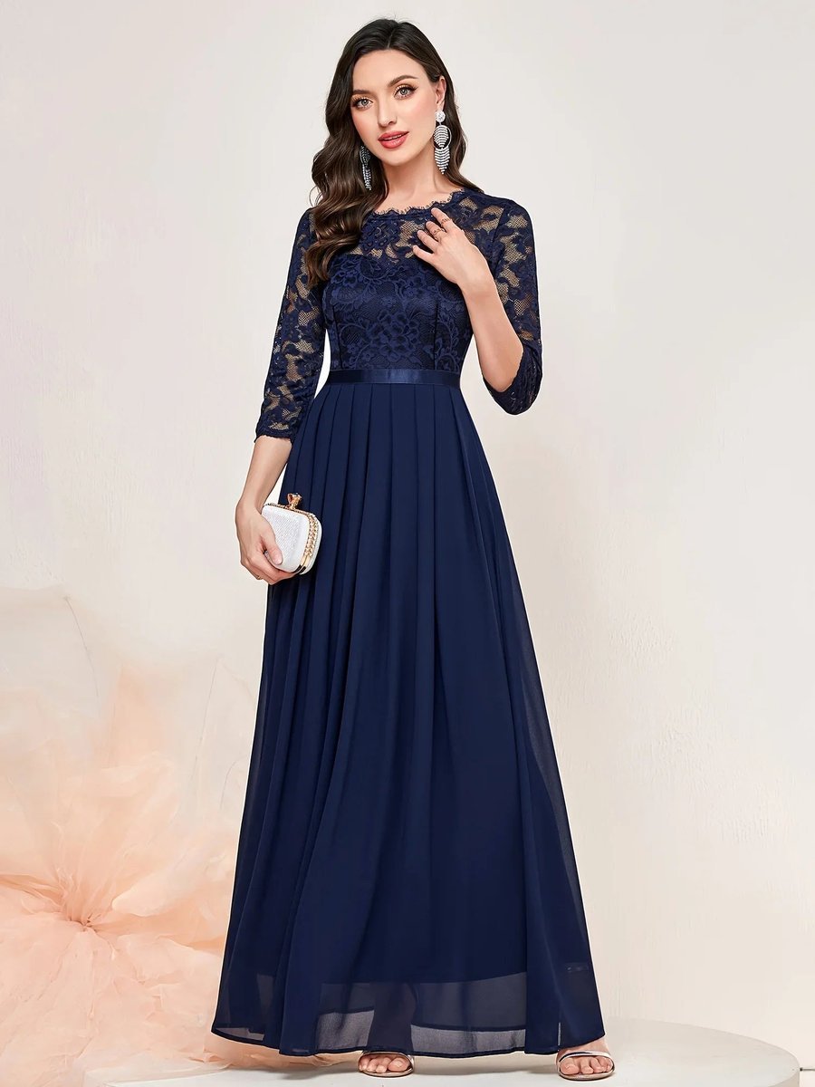 Women's Lace Bodice Pleated Chiffon Long Sleeve Fall Dress Maxi Formal Gown