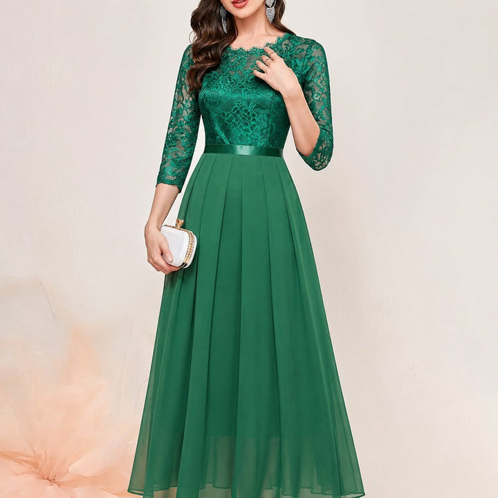 Women's Lace Bodice Pleated Chiffon Long Sleeve Fall Dress Maxi Formal Gown - Green