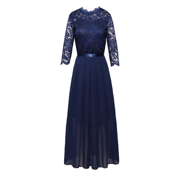 Women's Lace Bodice Pleated Chiffon Long Sleeve Fall Dress Maxi Formal Gown