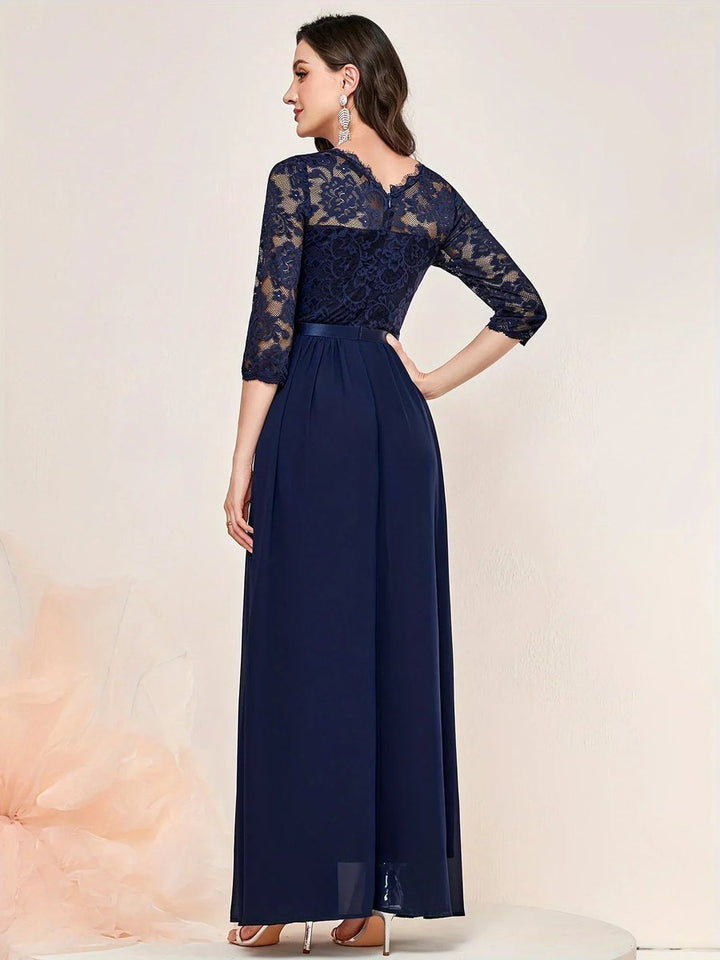 Women's Lace Bodice Pleated Chiffon Long Sleeve Fall Dress Maxi Formal Gown