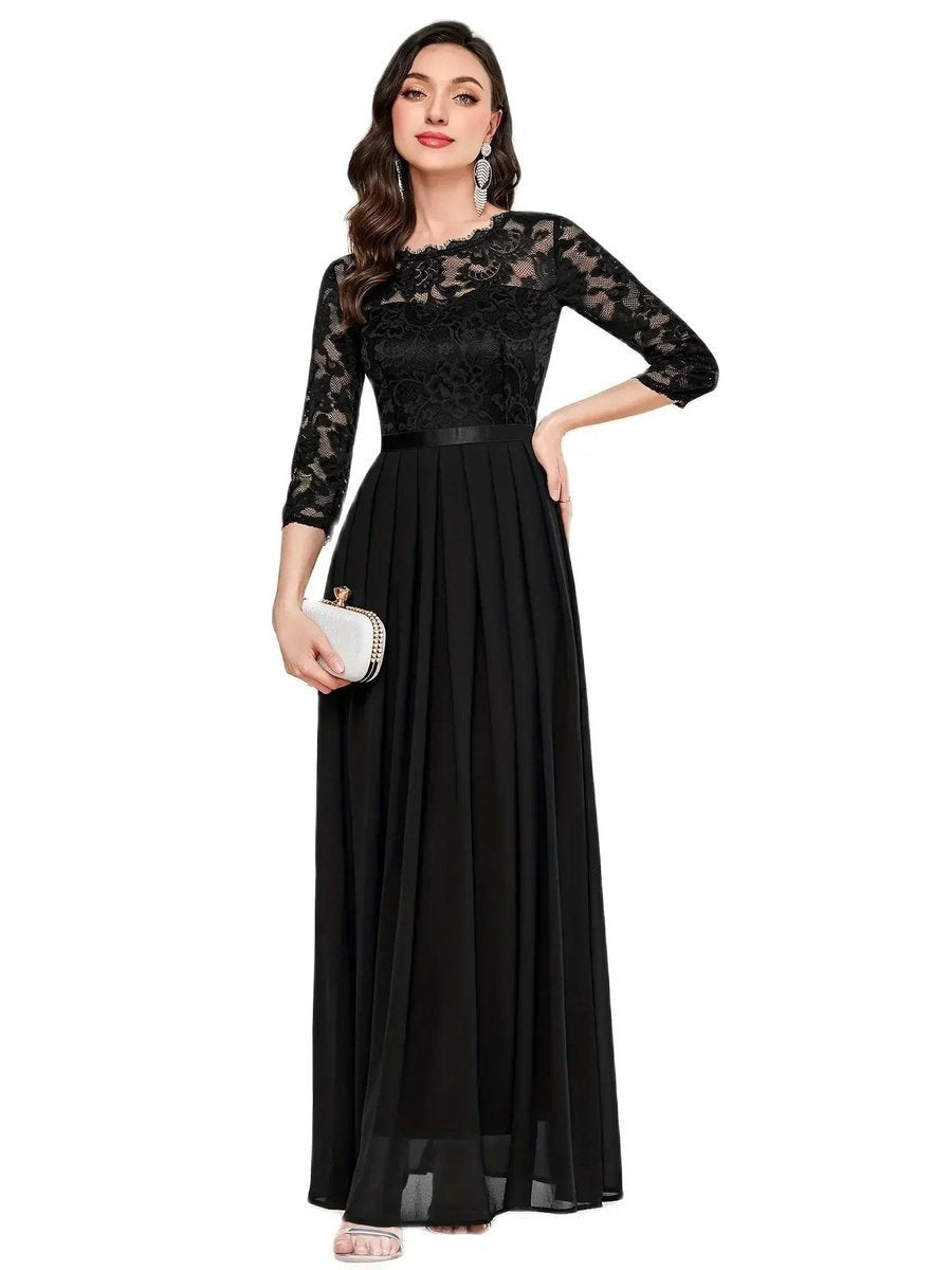 Women's Lace Bodice Pleated Chiffon Long Sleeve Fall Dress Maxi Formal Gown