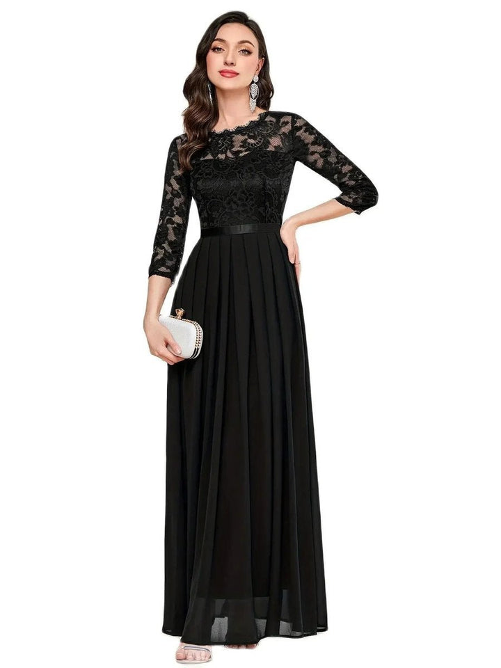 Women's Lace Bodice Pleated Chiffon Long Sleeve Fall Dress Maxi Formal Gown