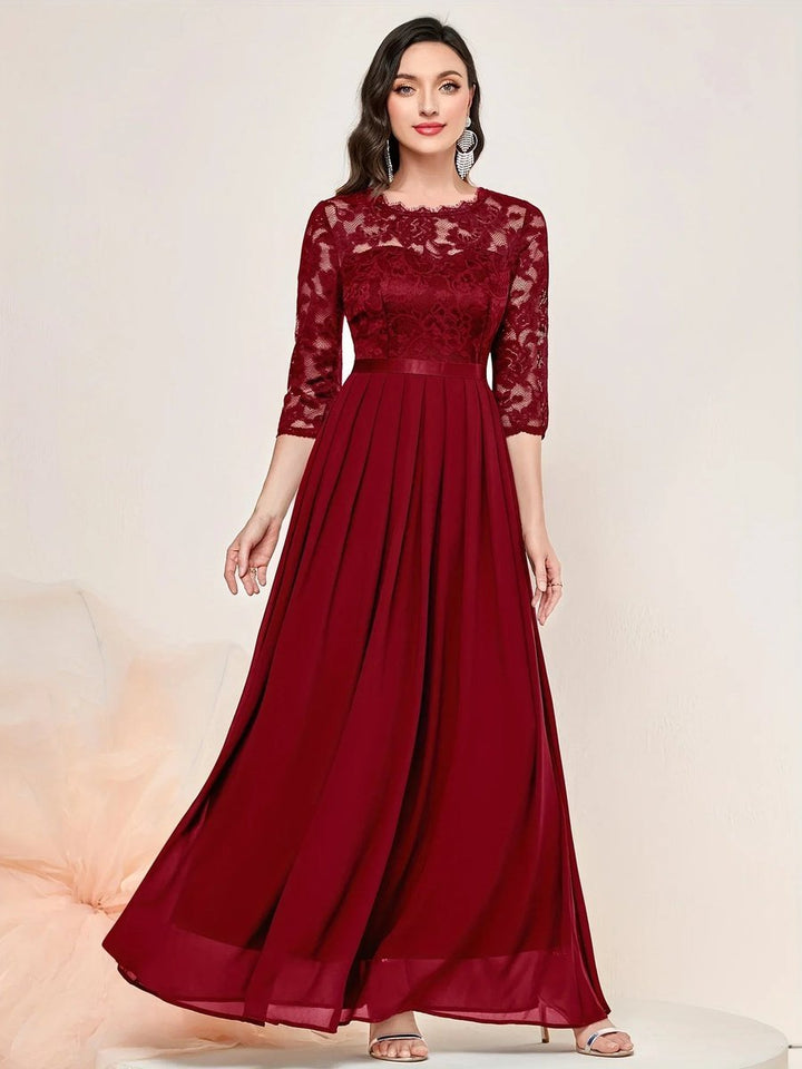 Women's Lace Bodice Pleated Chiffon Long Sleeve Fall Dress Maxi Formal Gown