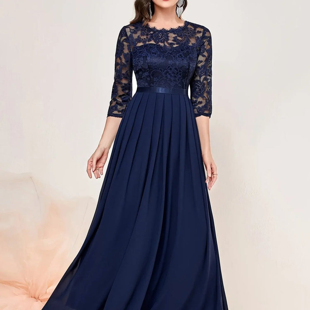 Women's Lace Bodice Pleated Chiffon Long Sleeve Fall Dress Maxi Formal Gown - Blue