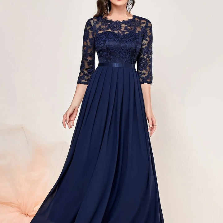 Women's Lace Bodice Pleated Chiffon Long Sleeve Fall Dress Maxi Formal Gown - Blue