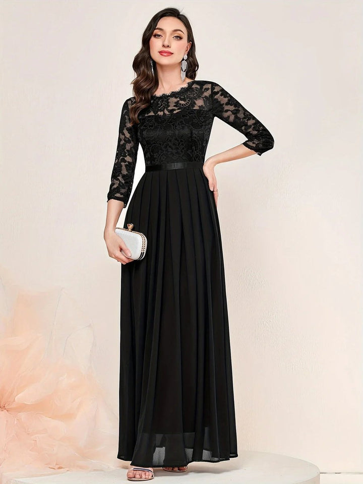 Women's Lace Bodice Pleated Chiffon Long Sleeve Fall Dress Maxi Formal Gown - Black