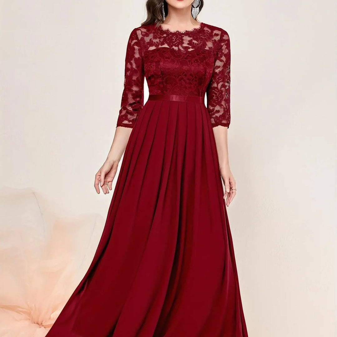 Women's Lace Bodice Pleated Chiffon Long Sleeve Fall Dress Maxi Formal Gown - Red