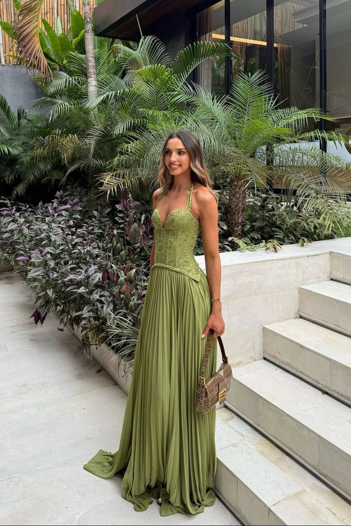 Women's Lace Corset Halter Pleated Maxi Fall Wedding Guest Dress