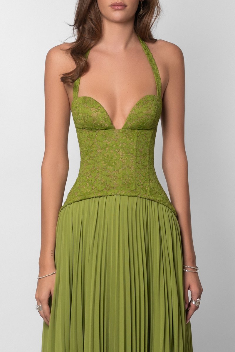 Women's Lace Corset Halter Pleated Maxi Fall Wedding Guest Dress