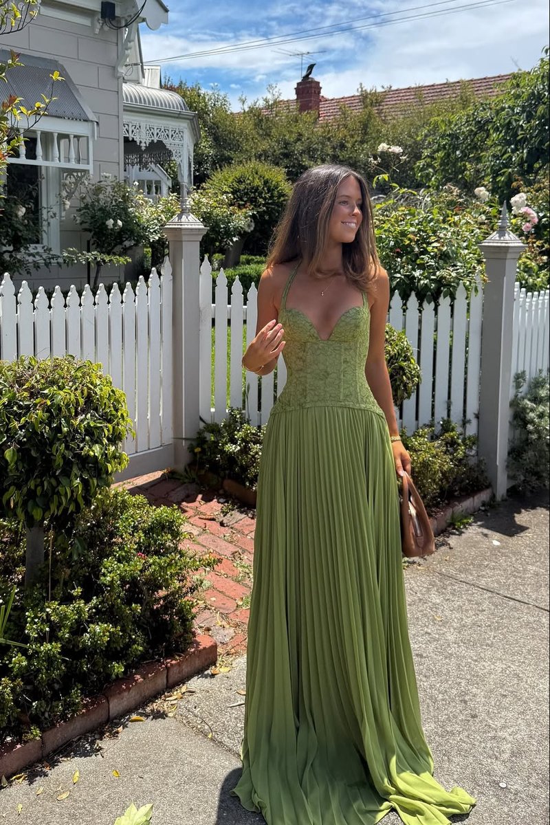 Women's Lace Corset Halter Pleated Maxi Fall Wedding Guest Dress