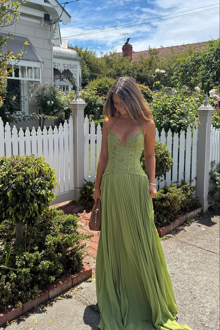 Women's Lace Corset Halter Pleated Maxi Fall Wedding Guest Dress