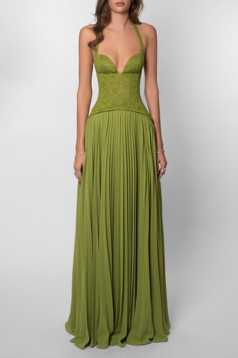 Women's Lace Corset Halter Pleated Maxi Fall Wedding Guest Dress
