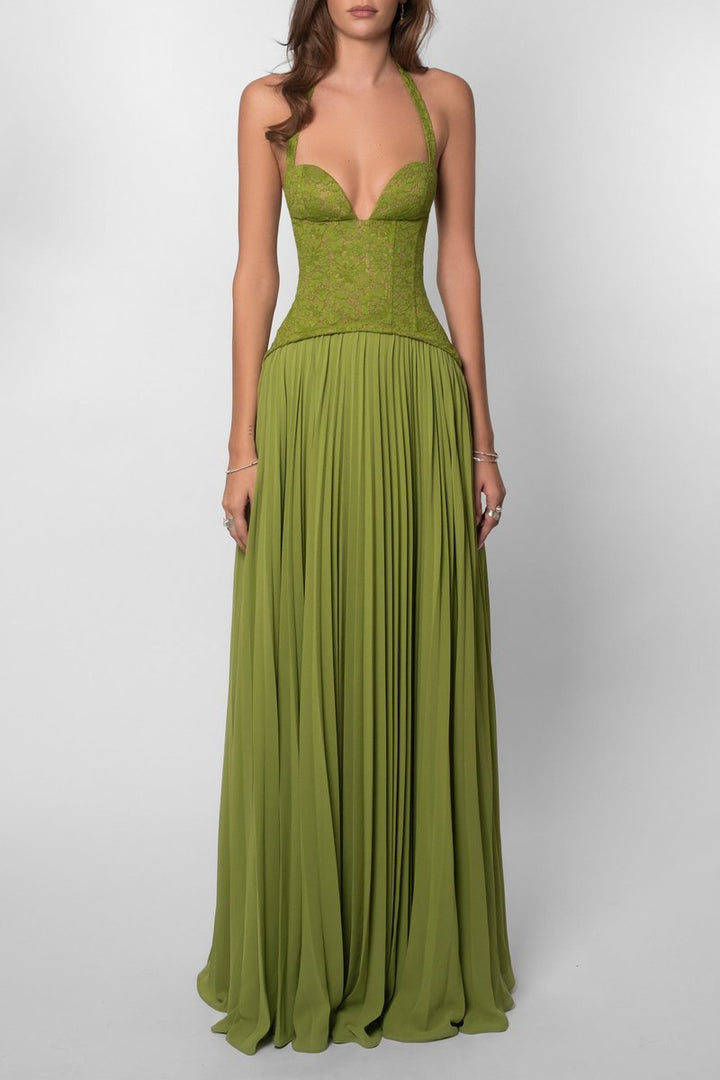 Women's Lace Corset Halter Pleated Maxi Fall Wedding Guest Dress