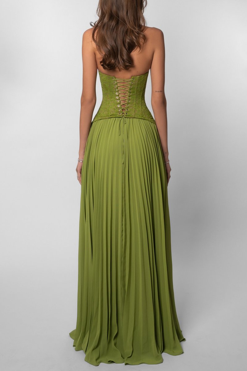 Women's Lace Corset Halter Pleated Maxi Fall Wedding Guest Dress