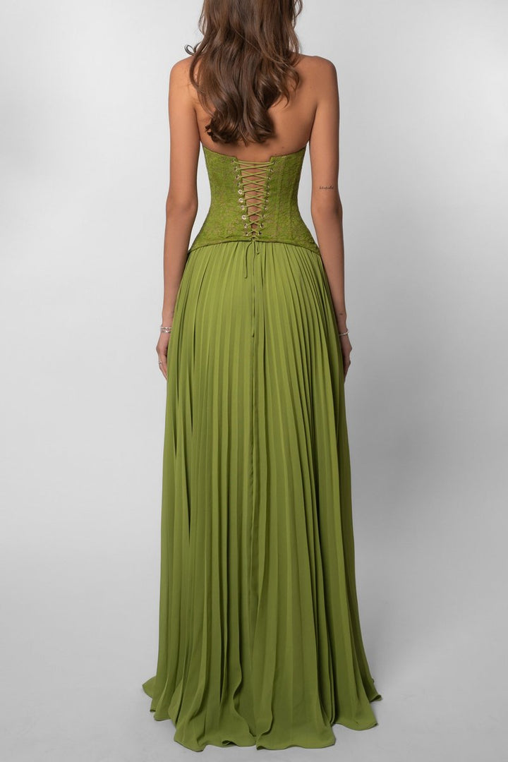 Women's Lace Corset Halter Pleated Maxi Fall Wedding Guest Dress