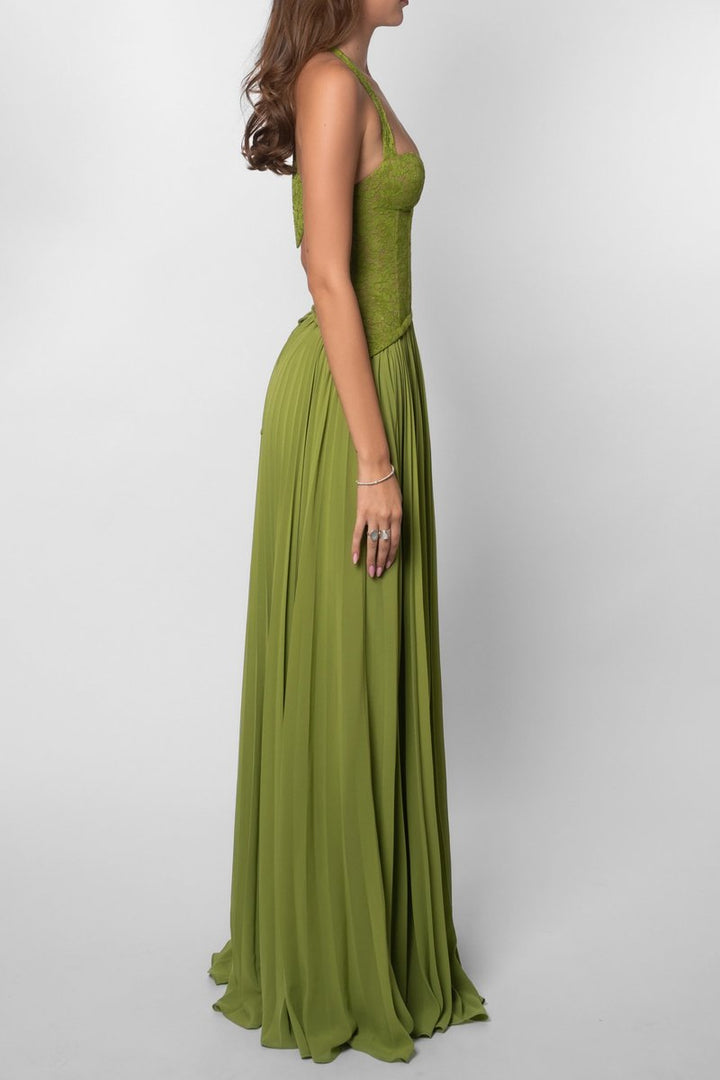 Women's Lace Corset Halter Pleated Maxi Fall Wedding Guest Dress