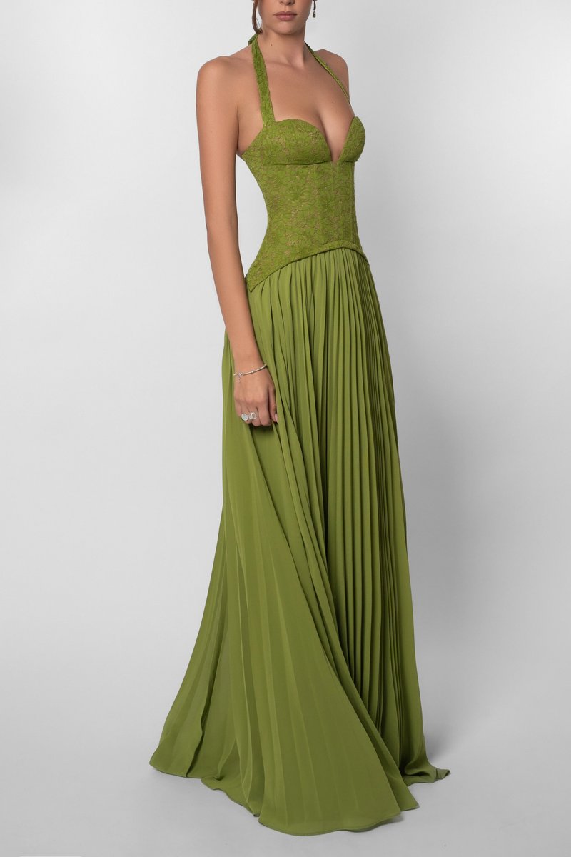 Women's Lace Corset Halter Pleated Maxi Fall Wedding Guest Dress