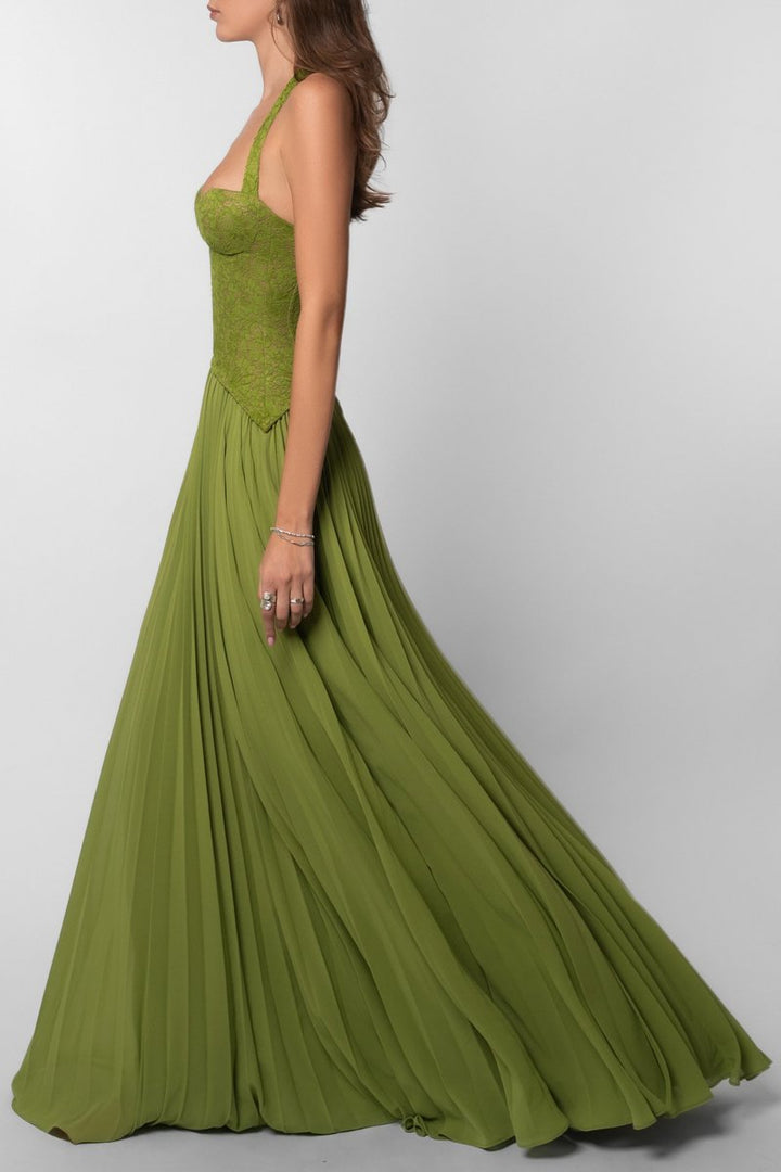 Women's Lace Corset Halter Pleated Maxi Fall Wedding Guest Dress