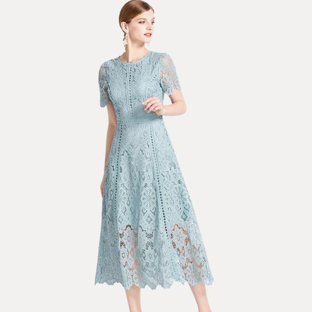 Women's Lace Hollow-Out Waist-Defining Fall Midi Dress