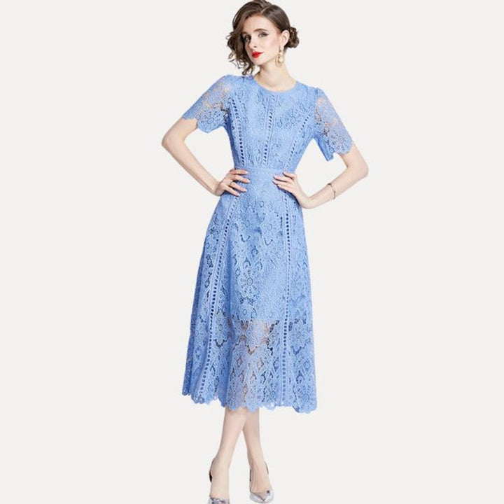 Women's Lace Hollow-Out Waist-Defining Fall Midi Dress