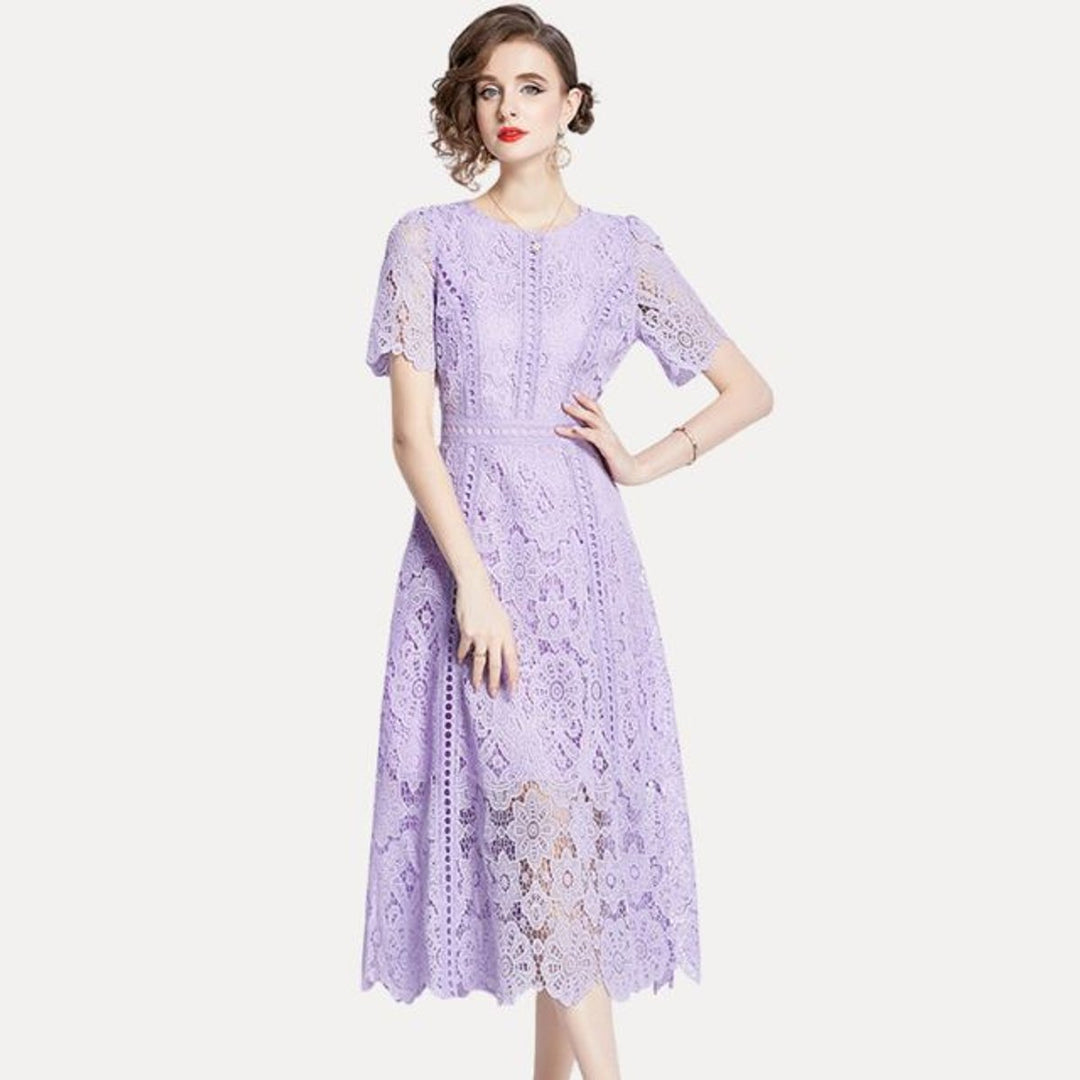 Women's Lace Hollow-Out Waist-Defining Fall Midi Dress