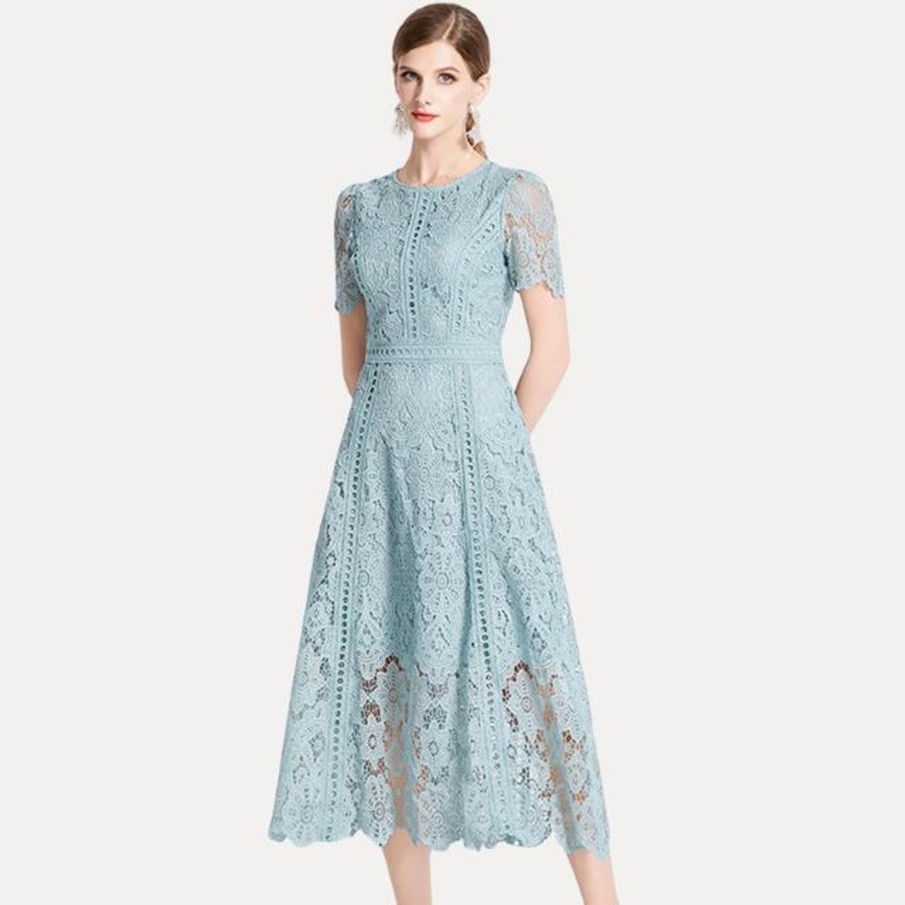 Women's Lace Hollow-Out Waist-Defining Fall Midi Dress