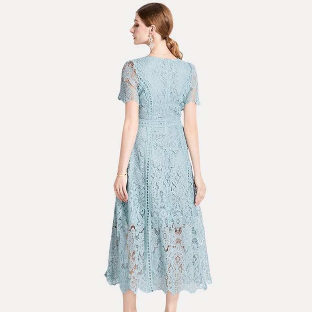 Women's Lace Hollow-Out Waist-Defining Fall Midi Dress