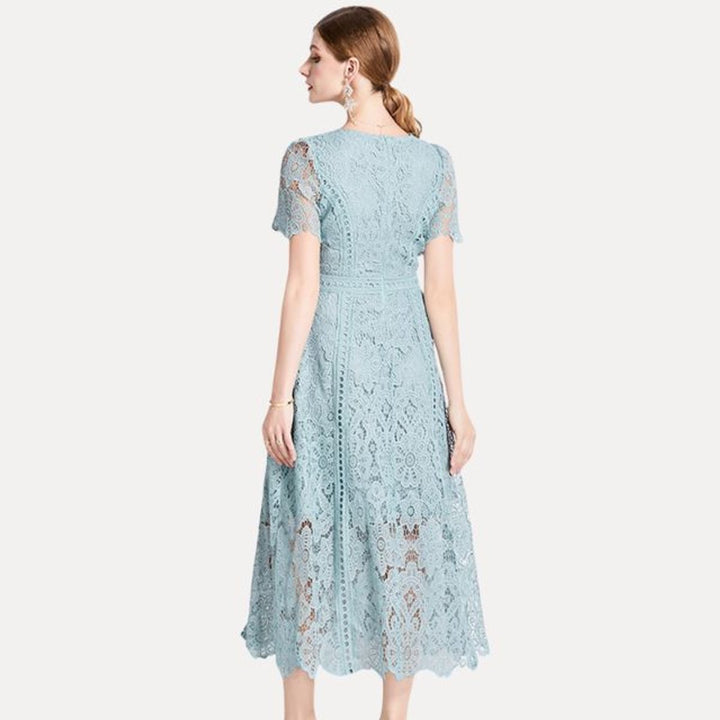 Women's Lace Hollow-Out Waist-Defining Fall Midi Dress