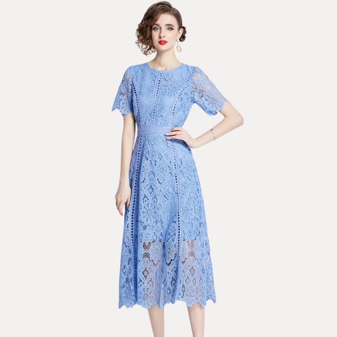 Women's Lace Hollow-Out Waist-Defining Fall Midi Dress