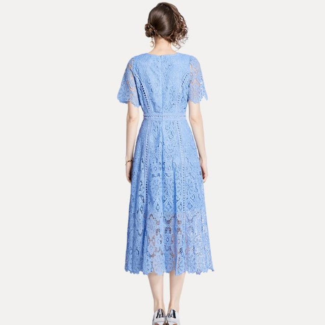 Women's Lace Hollow-Out Waist-Defining Fall Midi Dress