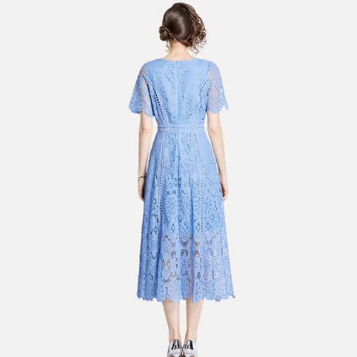 Women's Lace Hollow-Out Waist-Defining Fall Midi Dress