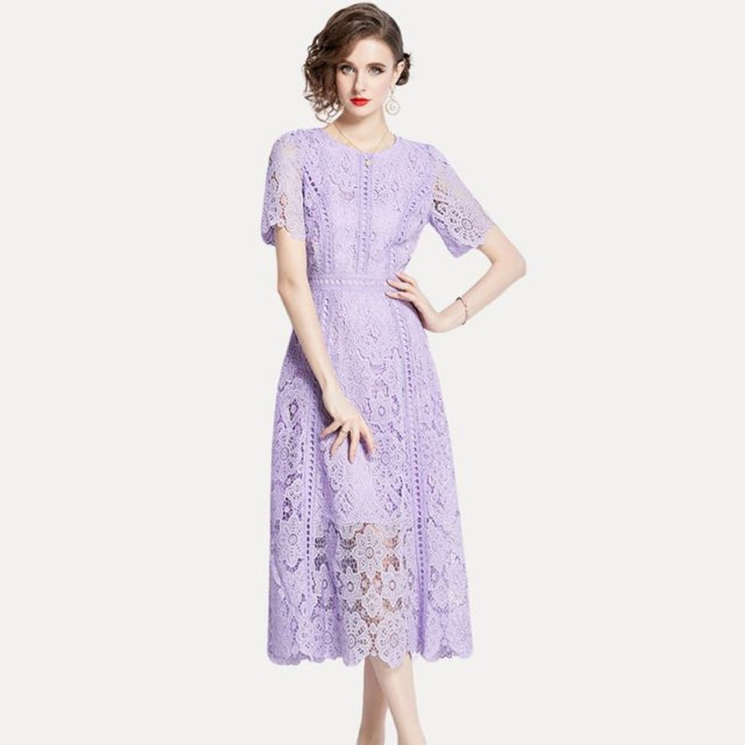 Women's Lace Hollow-Out Waist-Defining Fall Midi Dress