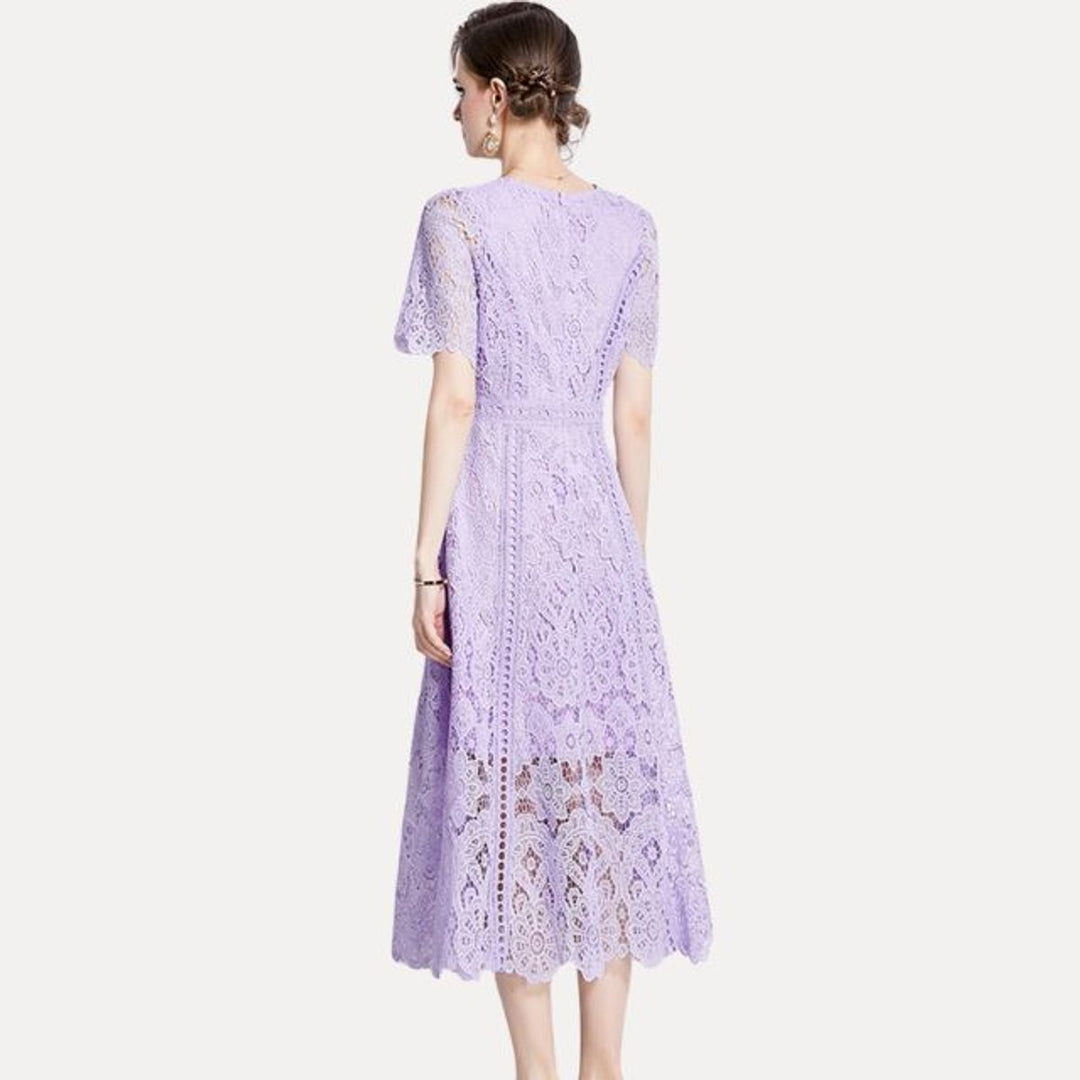 Women's Lace Hollow-Out Waist-Defining Fall Midi Dress