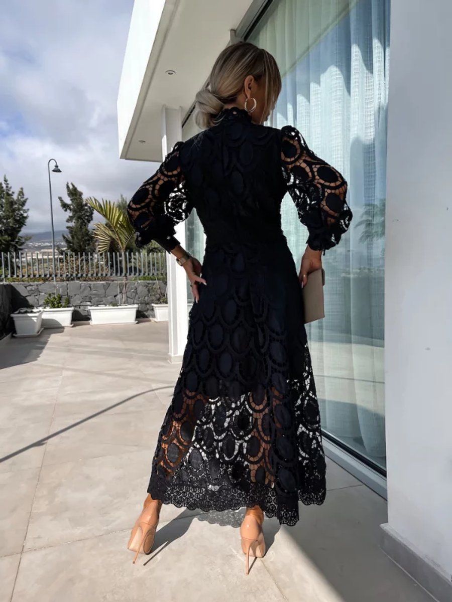Women's Lace Long-Sleeve Fall Midi Dress Stand Collar