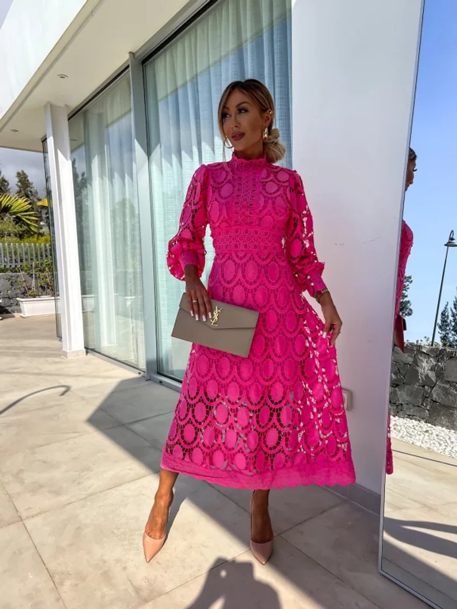 Women's Lace Long-Sleeve Fall Midi Dress Stand Collar