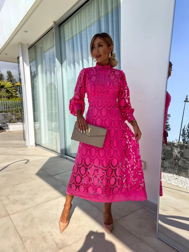 Women's Lace Long-Sleeve Fall Midi Dress Stand Collar