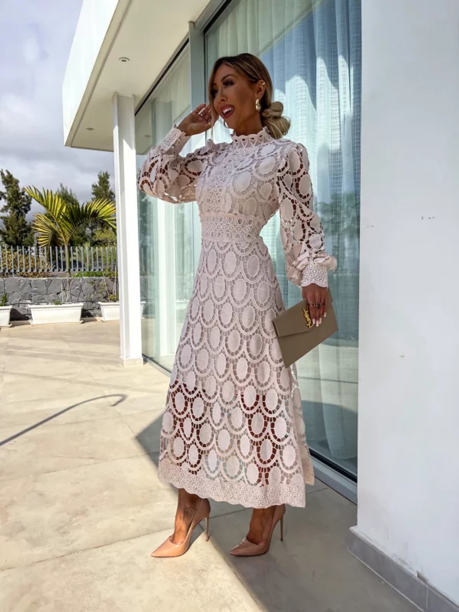 Women's Lace Long-Sleeve Fall Midi Dress Stand Collar