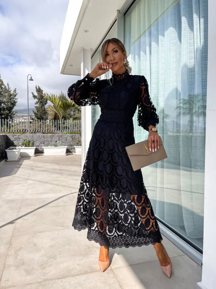 Women's Lace Long-Sleeve Fall Midi Dress Stand Collar
