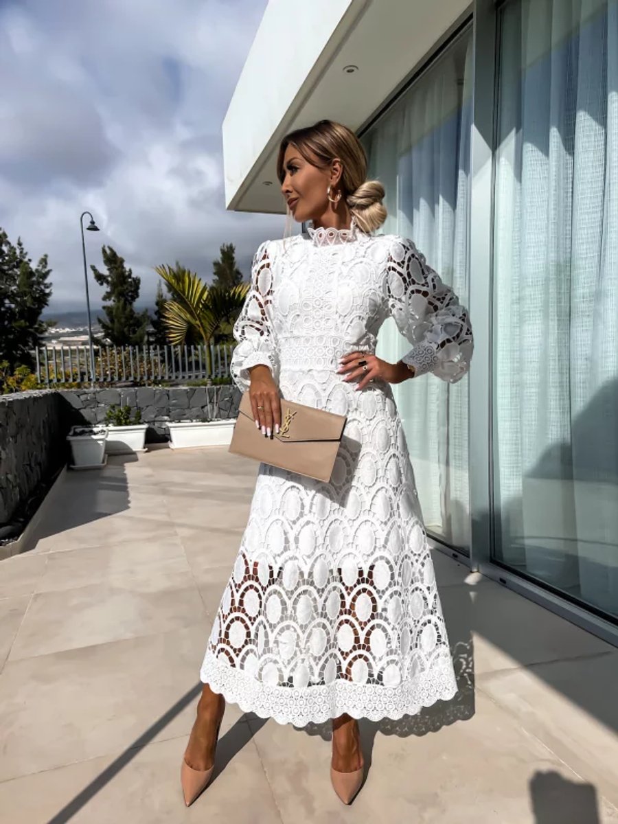 Women's Lace Long-Sleeve Fall Midi Dress Stand Collar