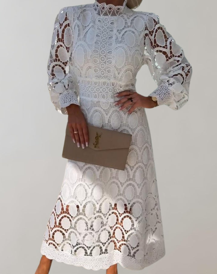 Women's Lace Long-Sleeve High-Neck Fall Midi Dress