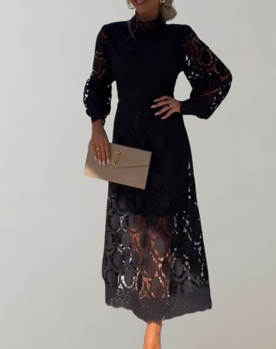 Women's Lace Long-Sleeve High-Neck Fall Midi Dress