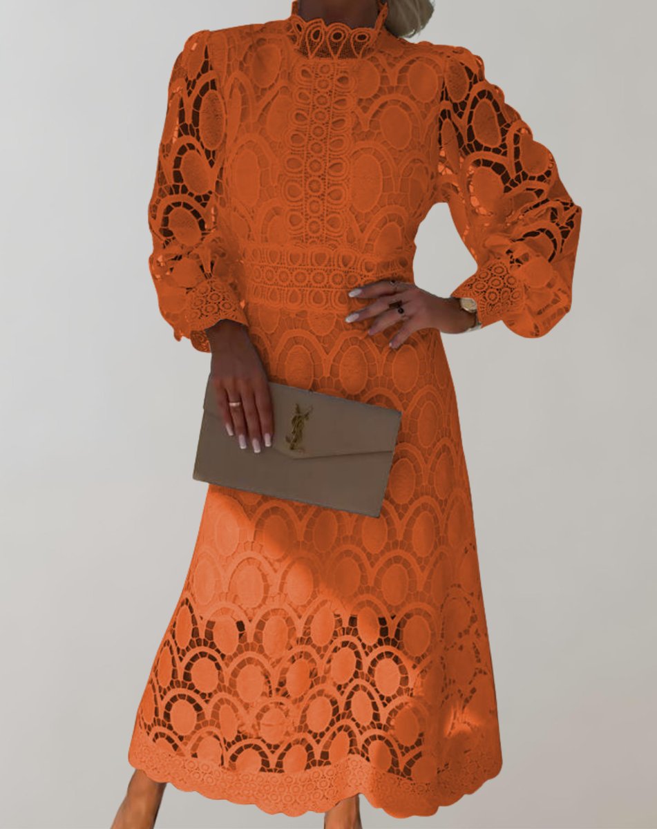 Women's Lace Long-Sleeve High-Neck Fall Midi Dress