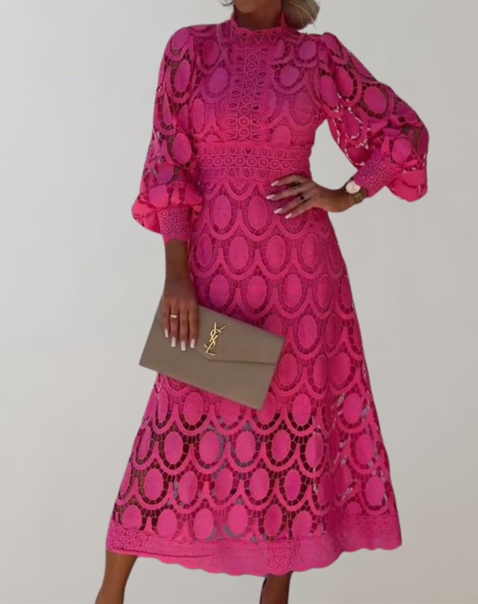 Women's Lace Long-Sleeve High-Neck Fall Midi Dress