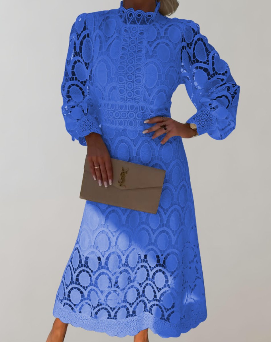 Women's Lace Long-Sleeve High-Neck Fall Midi Dress