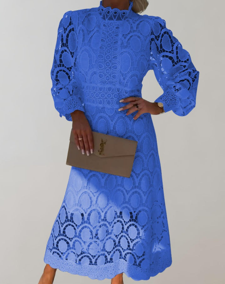 Women's Lace Long-Sleeve High-Neck Fall Midi Dress