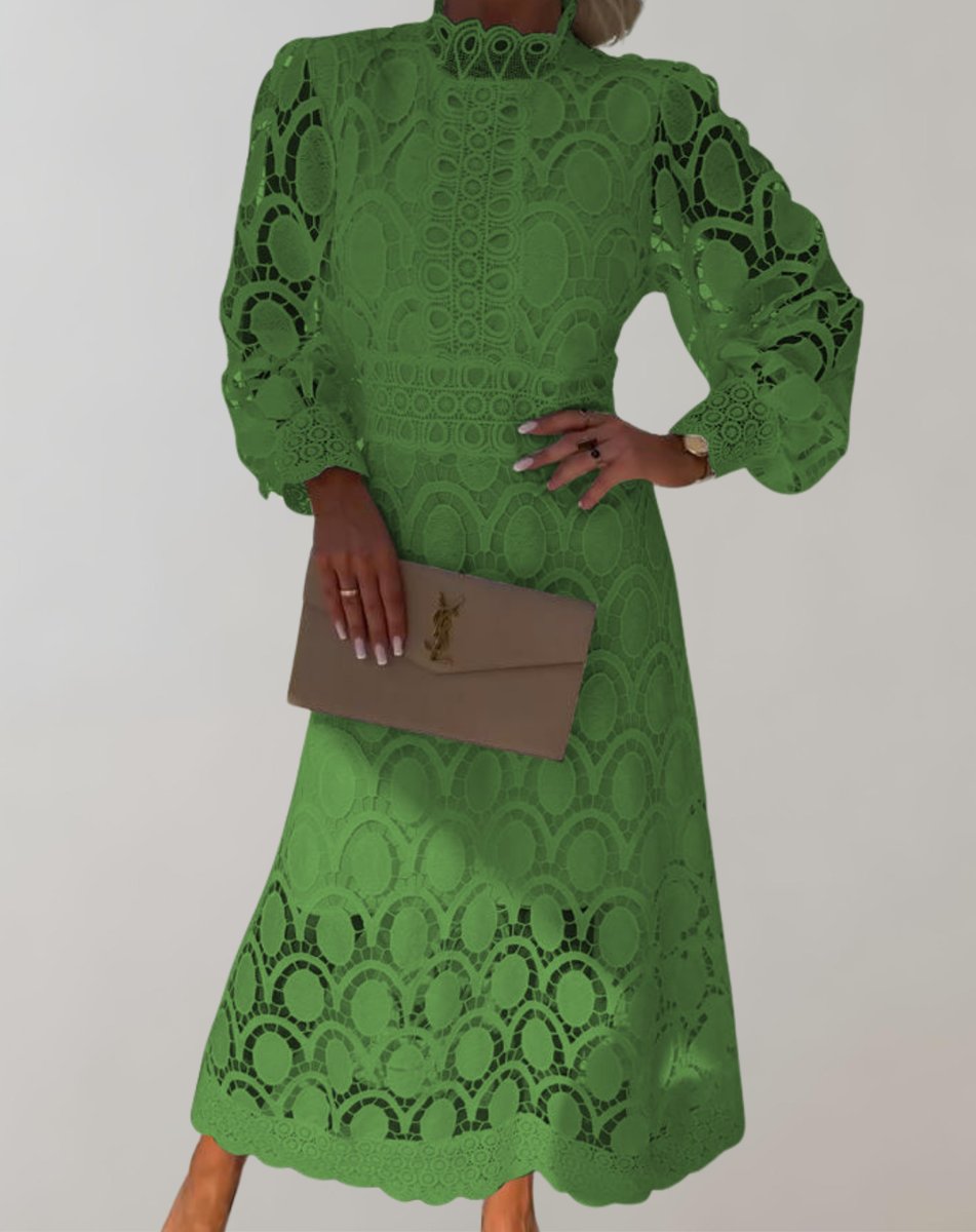 Women's Lace Long-Sleeve High-Neck Fall Midi Dress