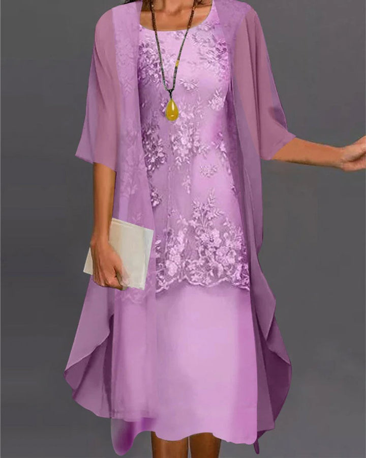 Women's Lace Overlay Chiffon Fall Midi Dress