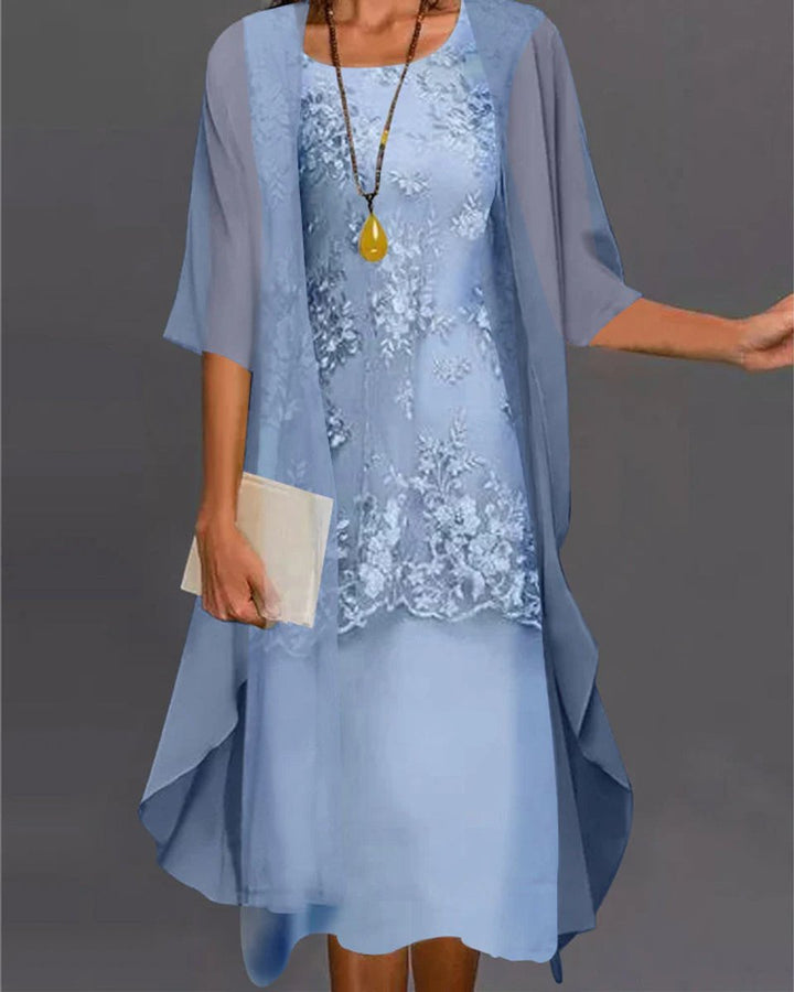 Women's Lace Overlay Chiffon Fall Midi Dress