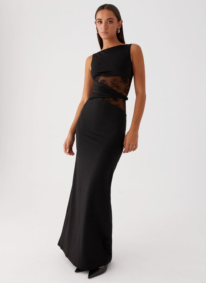 Women's Lace-Panel Sleeveless Fall Wedding Guest Dress Maxi Gown